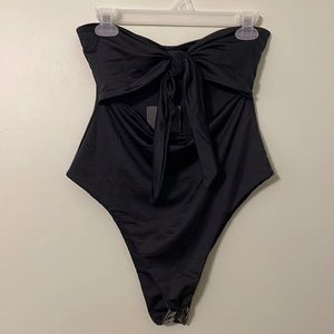 NWT PrettyLittleThing Black Bow Front Cut Out One Piece Swimsuit